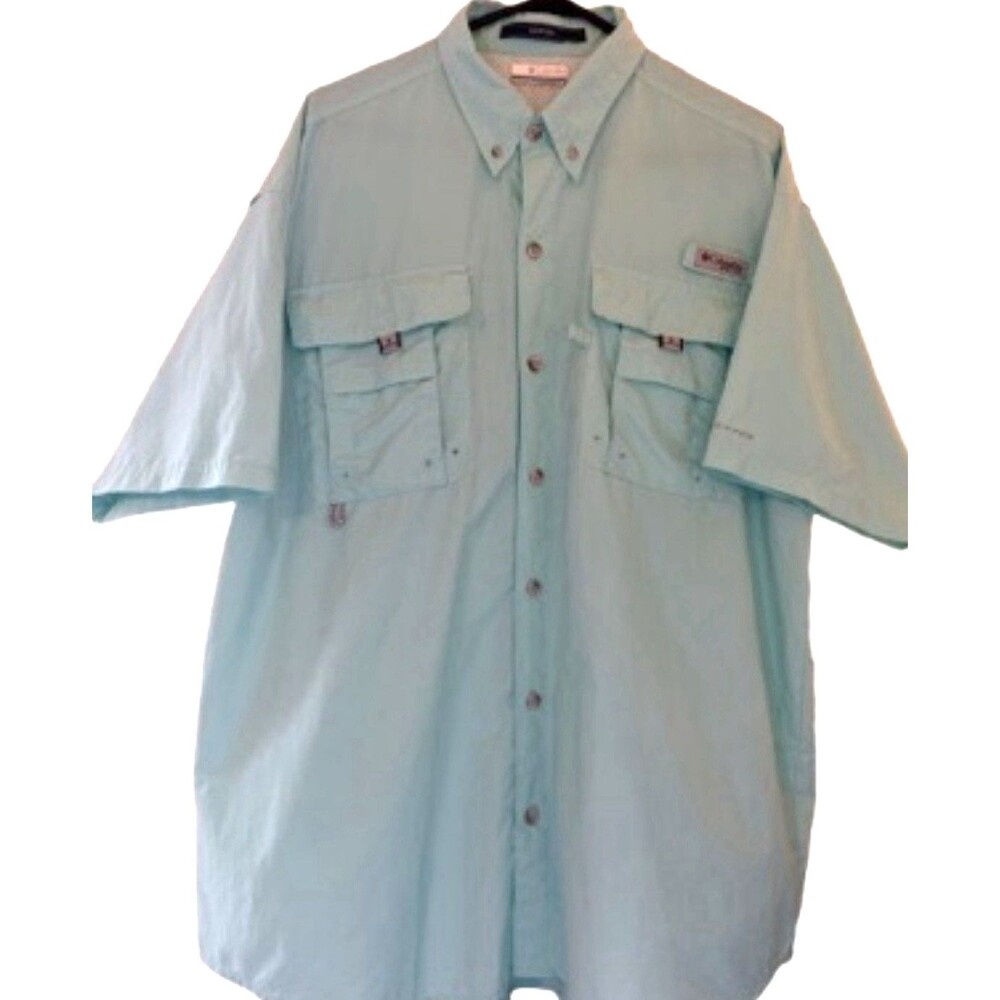Columbia PFG Bahama Fishing Shirt Mens L Blue Omni-Shade Vented Short Sleeve